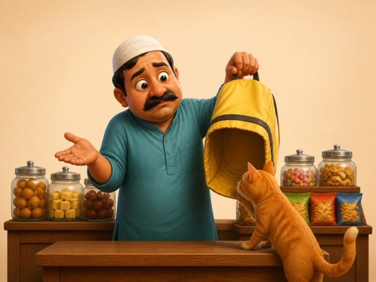 The shopkeeper with an empty bag and a curious cat