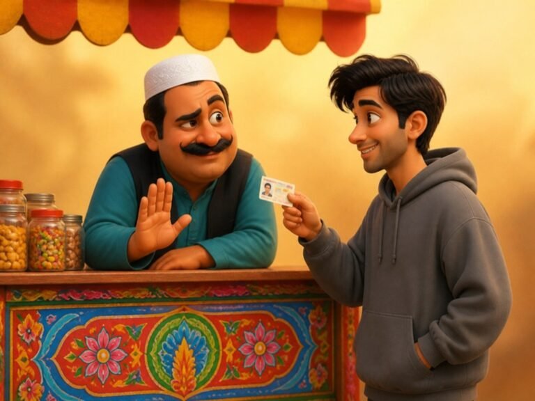 The shopkeeper checking a customer ID